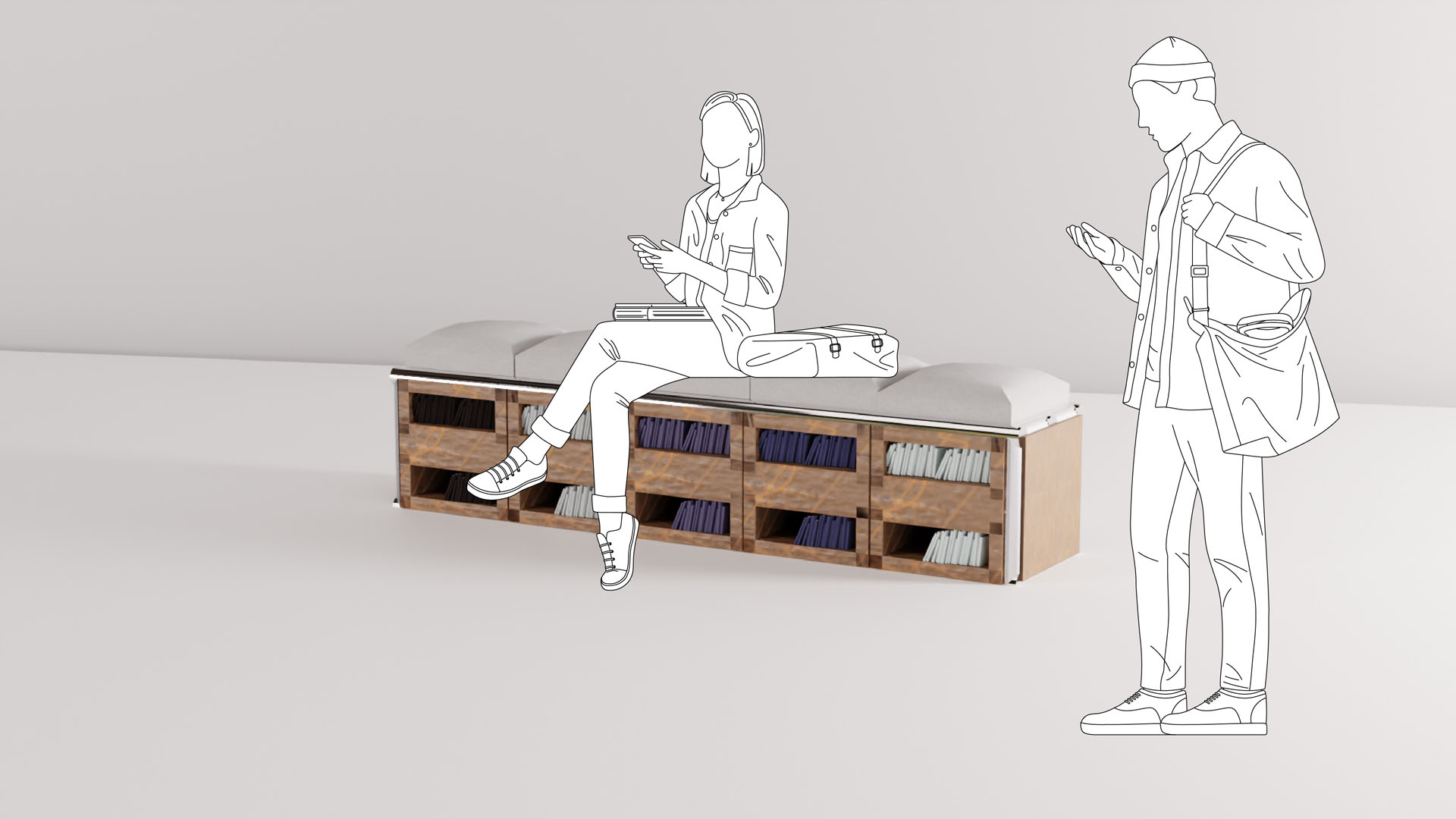Bancs et étagères modulaires.