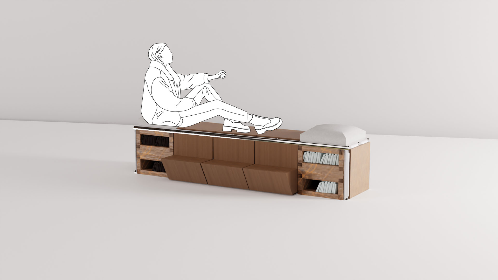 Assise modulaire et silhouette dessinée.