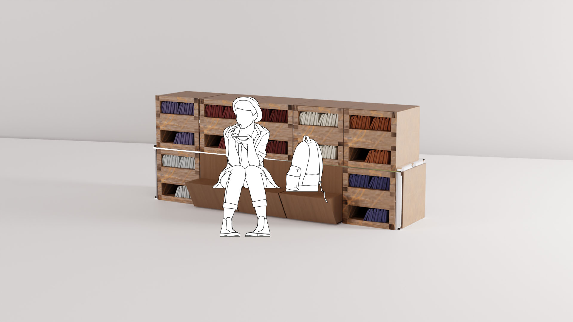 Étagère et silhouette dessinée.