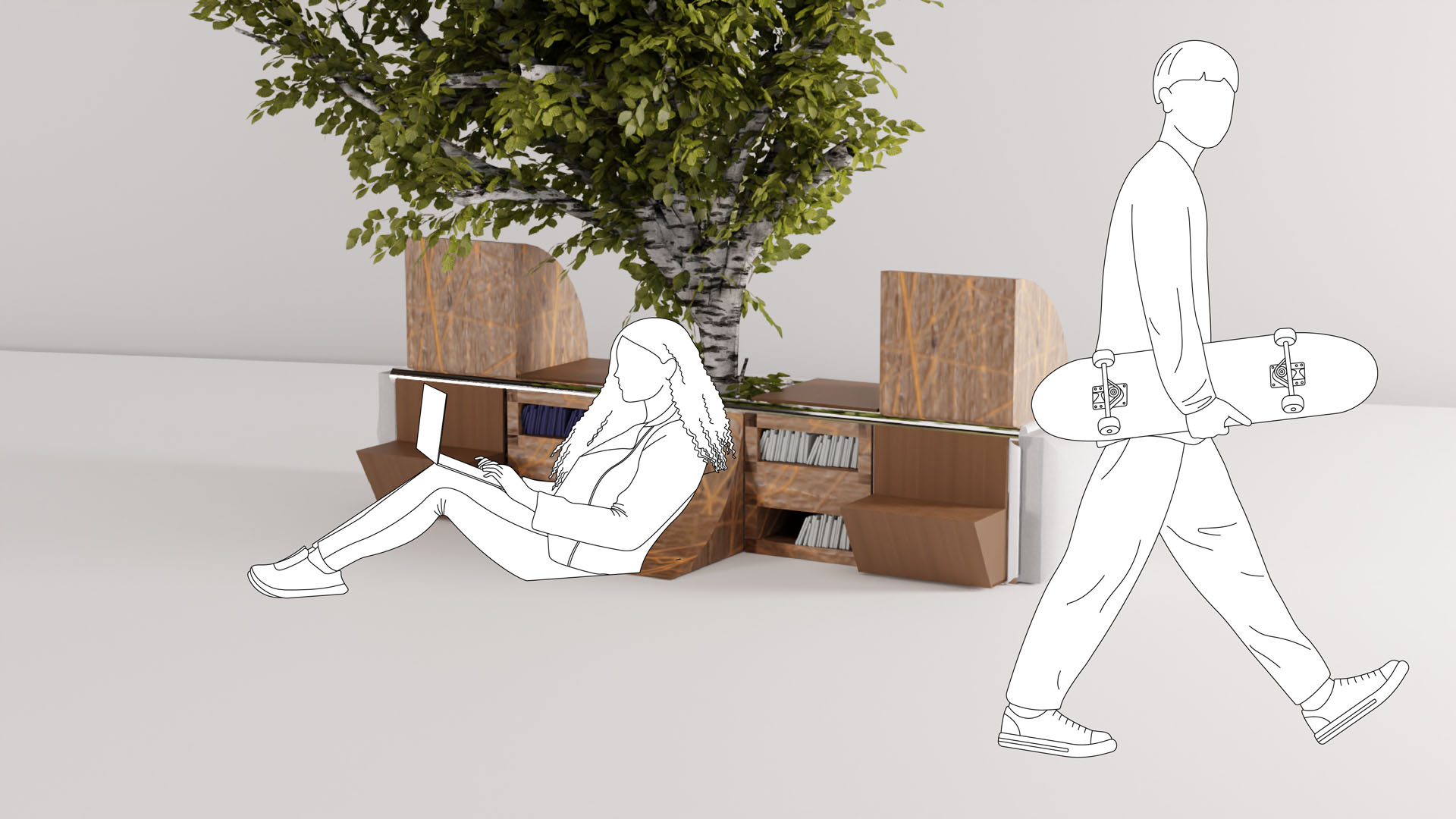 Mobilier modulaire et arbre.