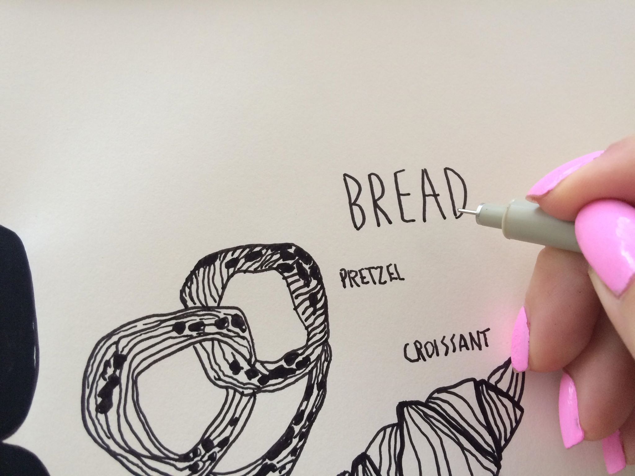Bread drawing and handwritten words.
