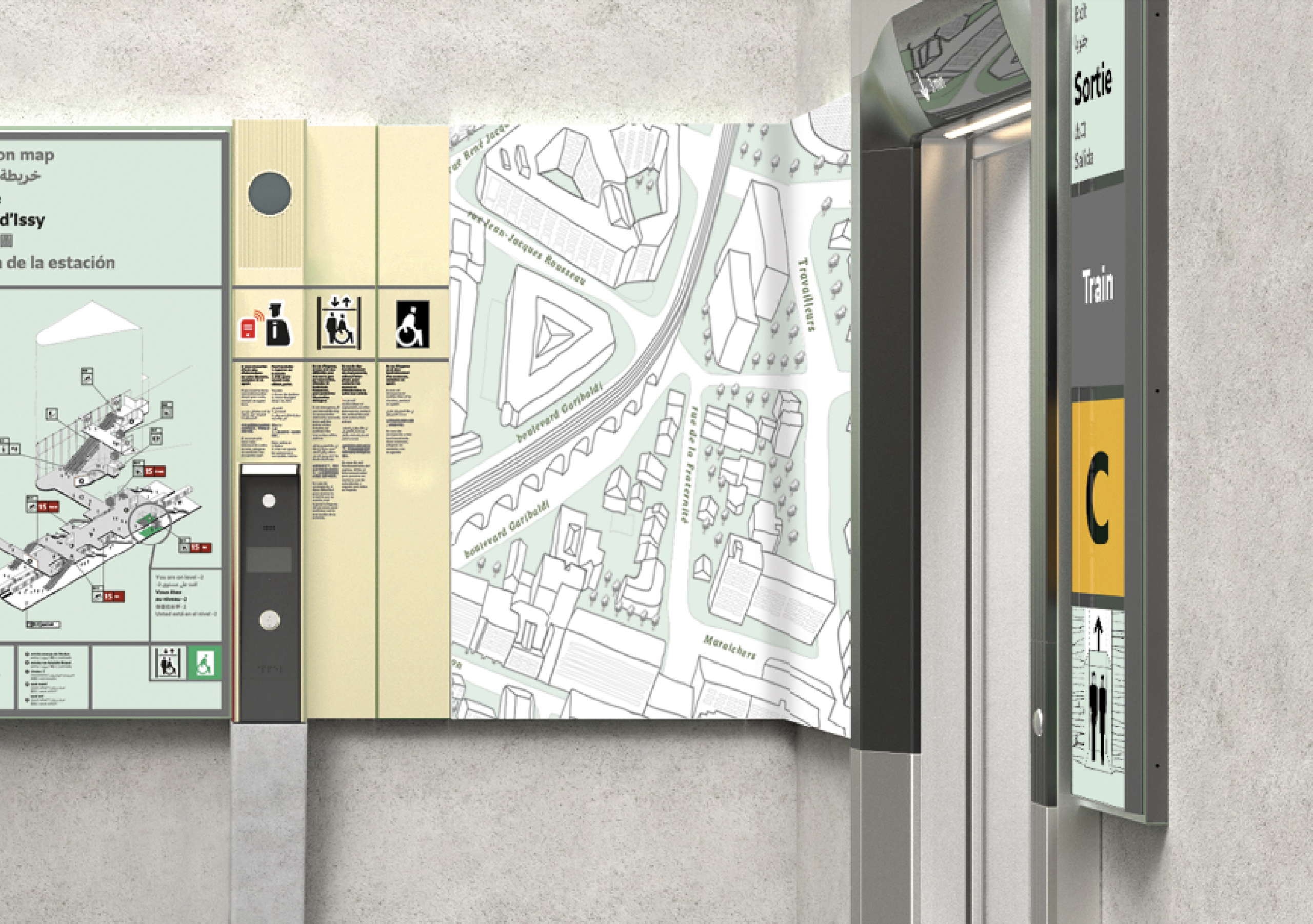 Signage panels and a wall map.