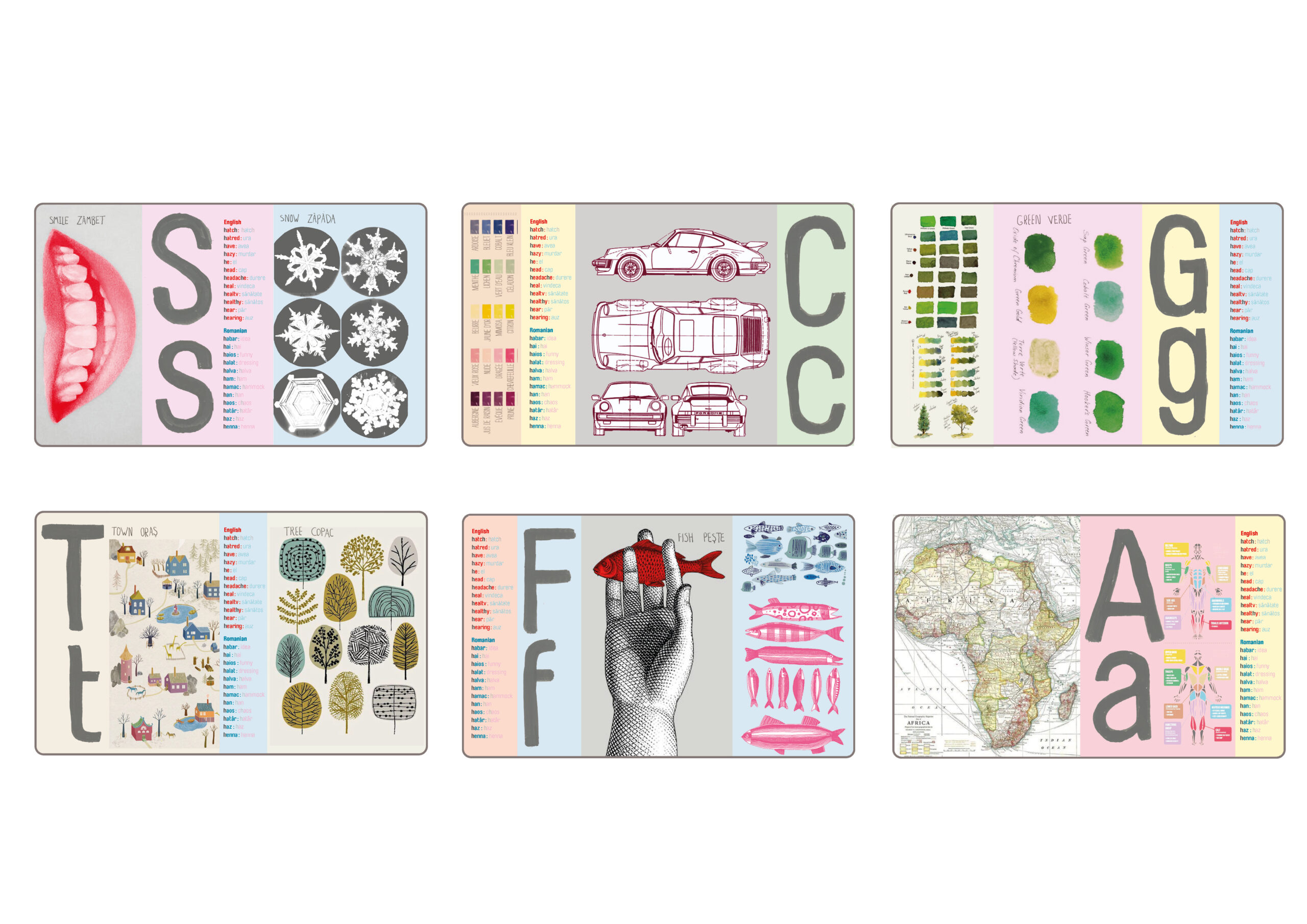 Illustrated letter panels.