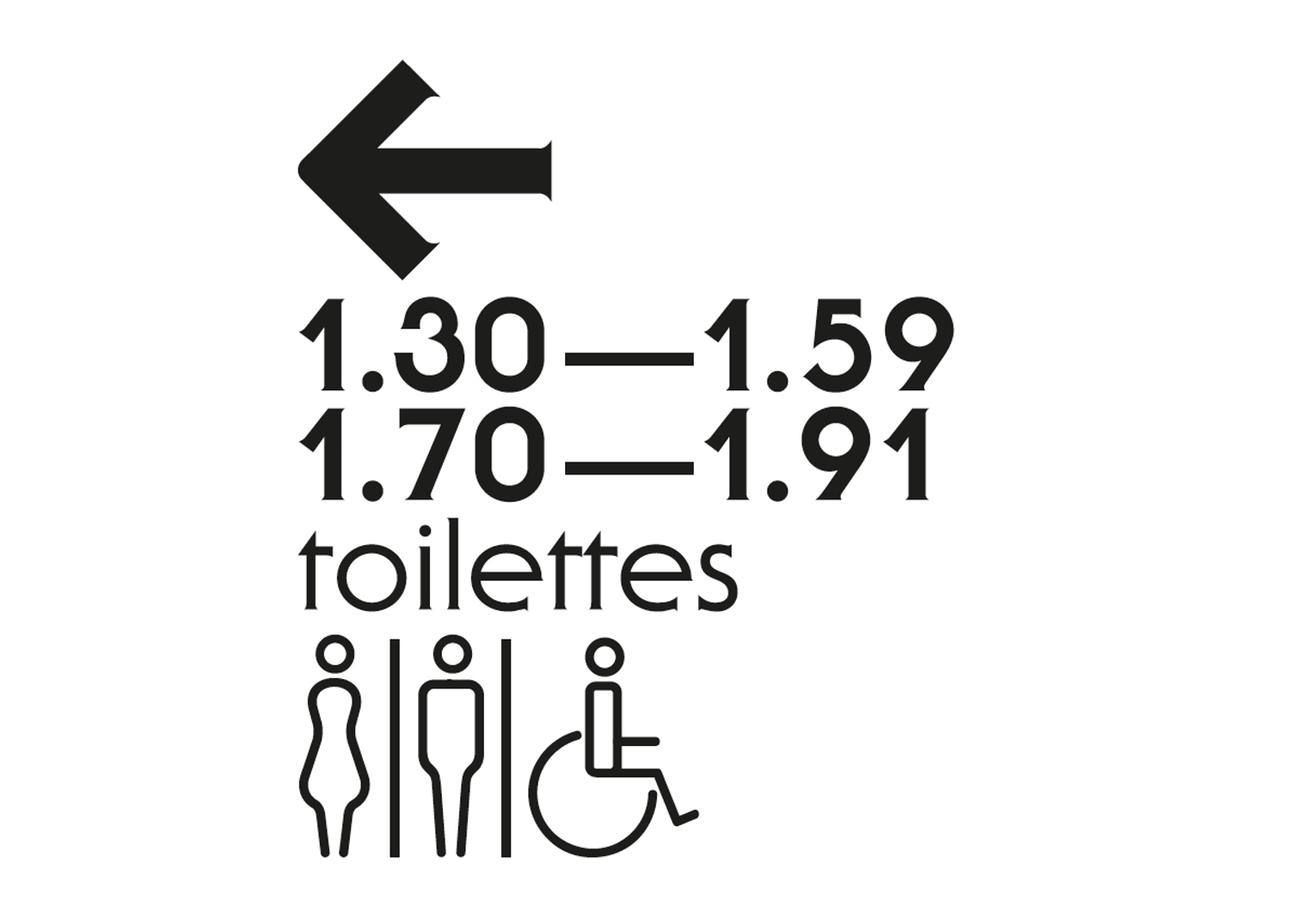 Flèche, numéros de salles et pictogrammes.