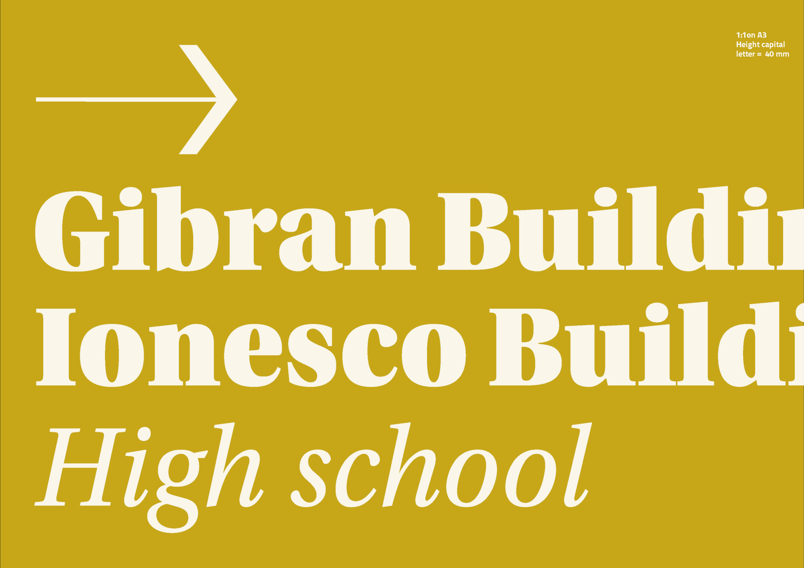 Arrow and building names.