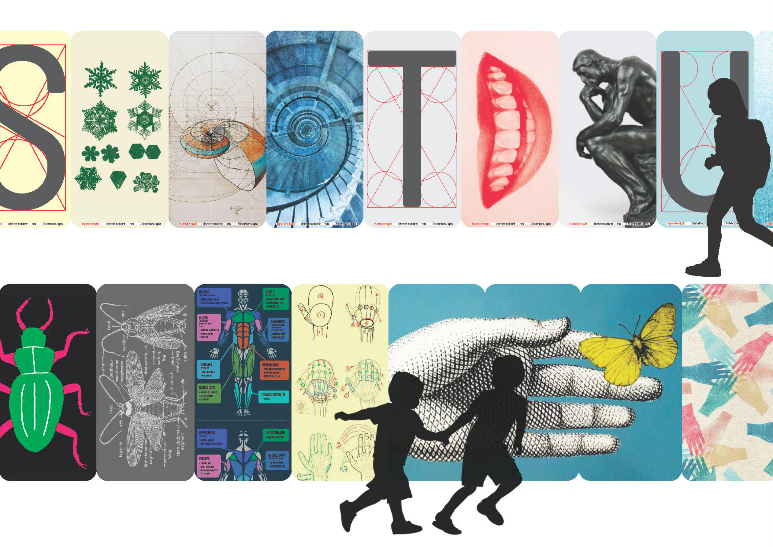 Letters, illustrations and silhouettes.