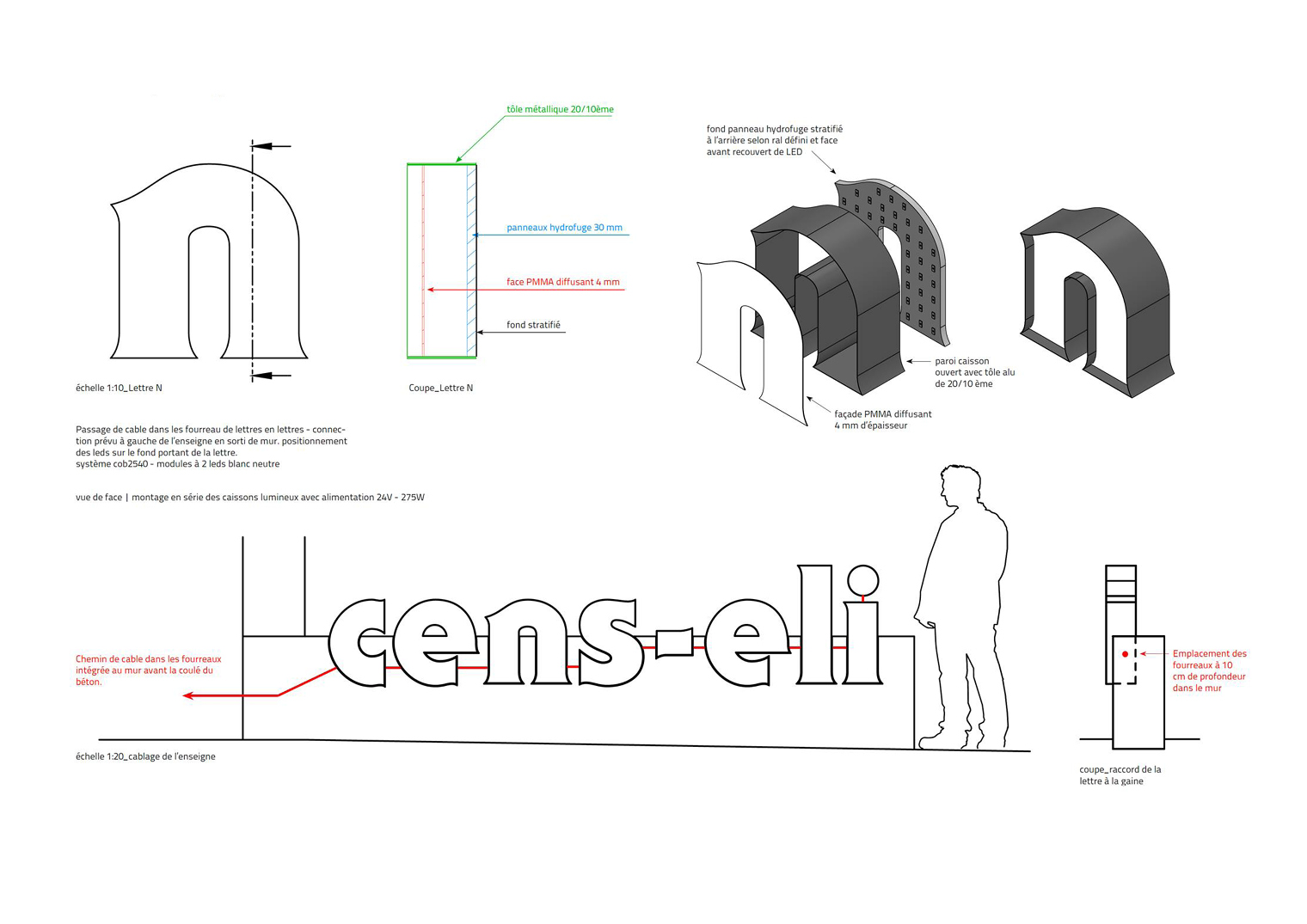 Dessins techniques des lettres.