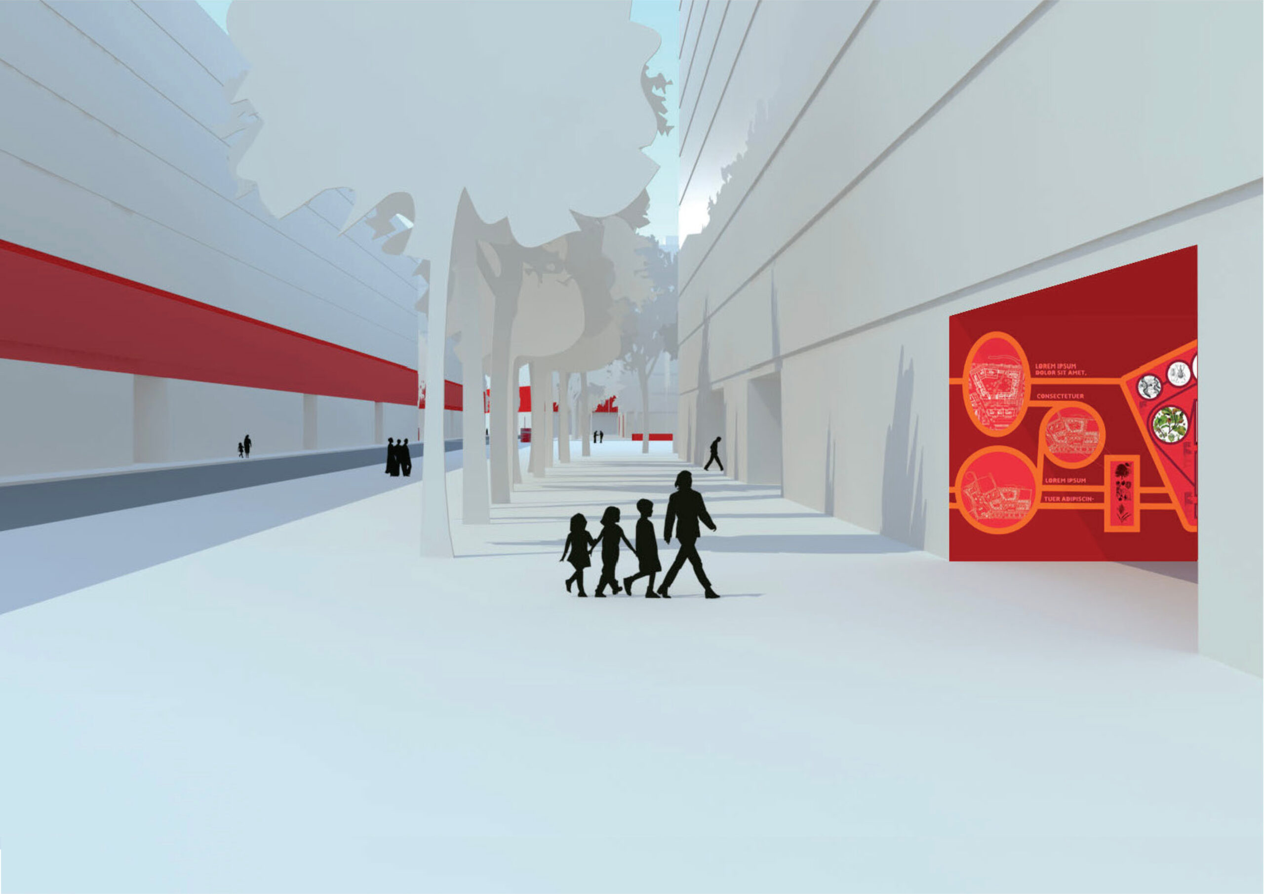 Vue dessinée du quartier et des bandes rouges.