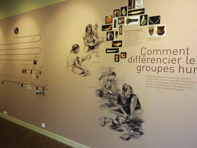 Textes, photographies et dessins sur un mur.