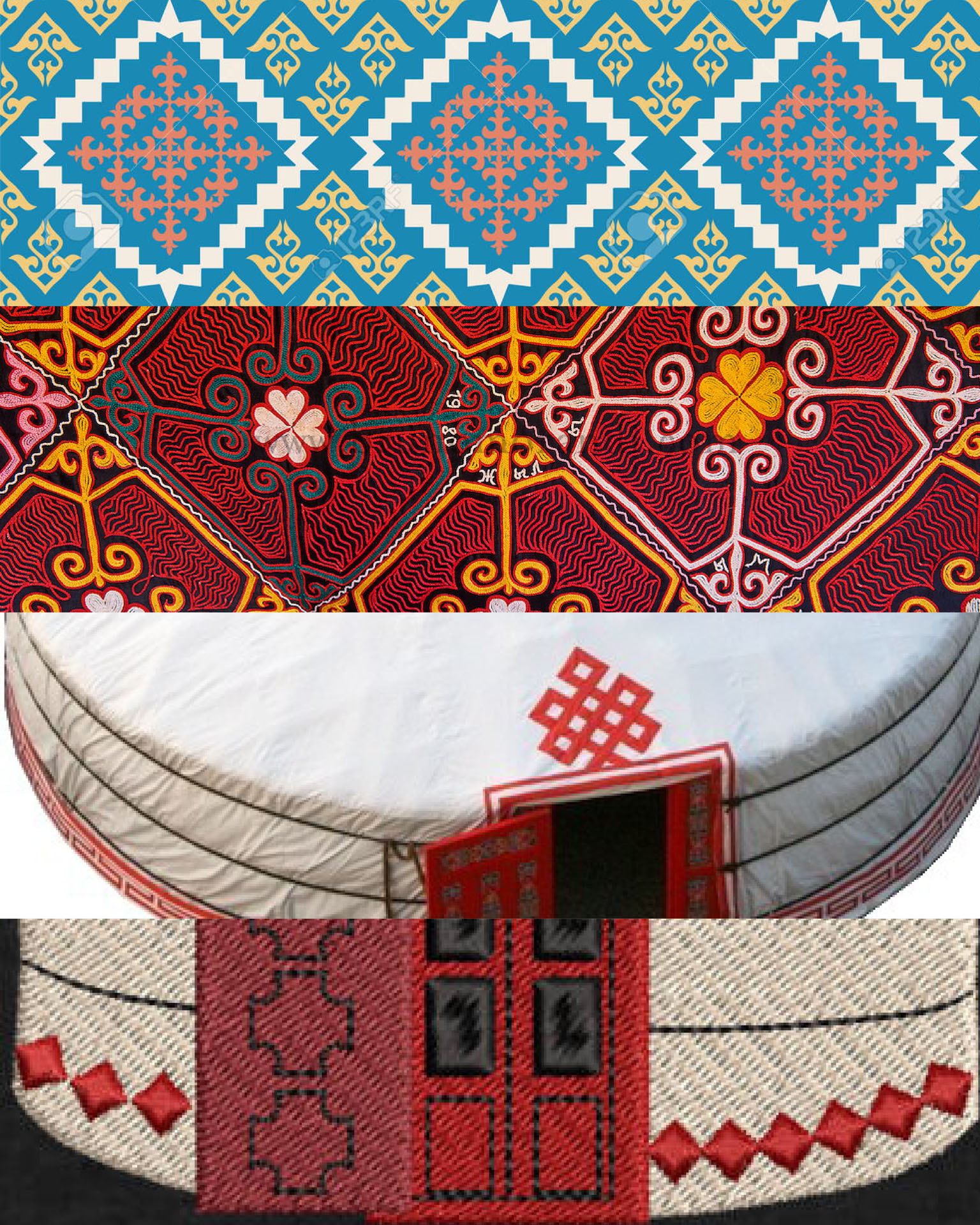 Sheet of patterns, textiles and a yurt.