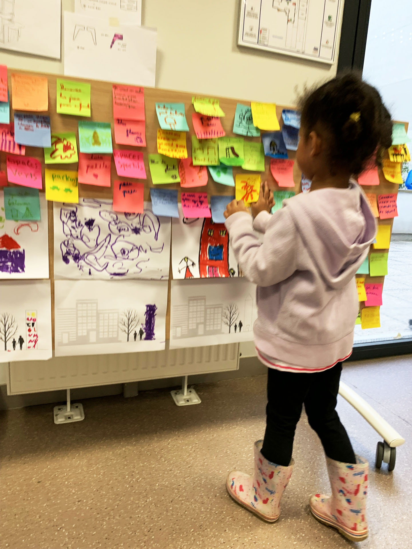 Enfant devant des dessins et notes colorées.