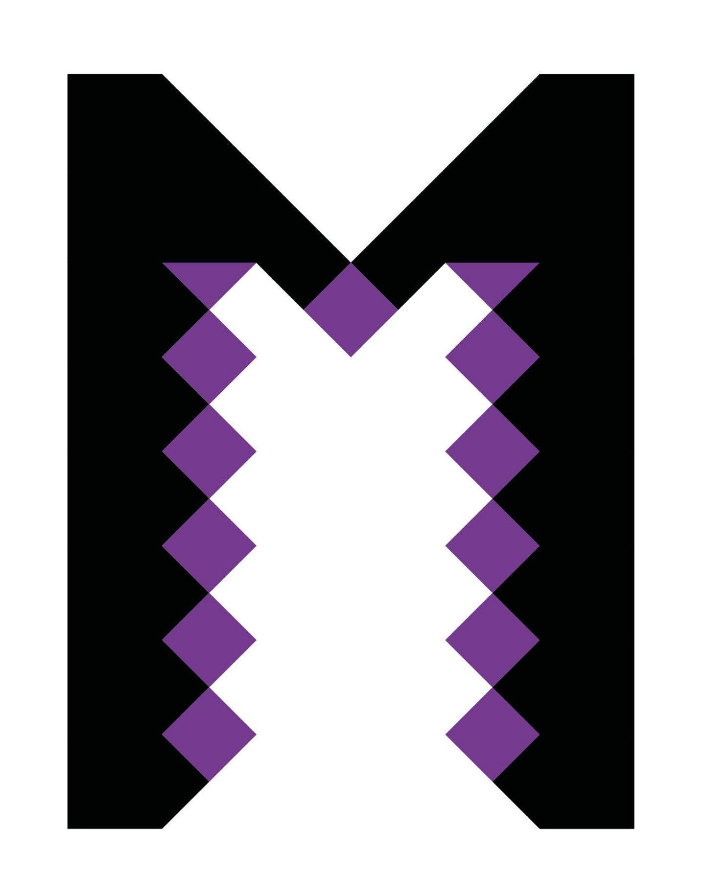 Black letter with a purple and white pattern.