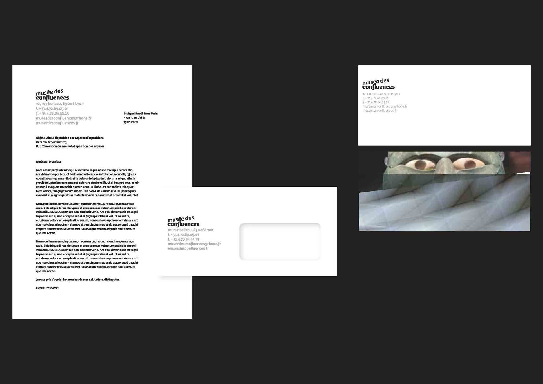 Letterhead, card and envelope.