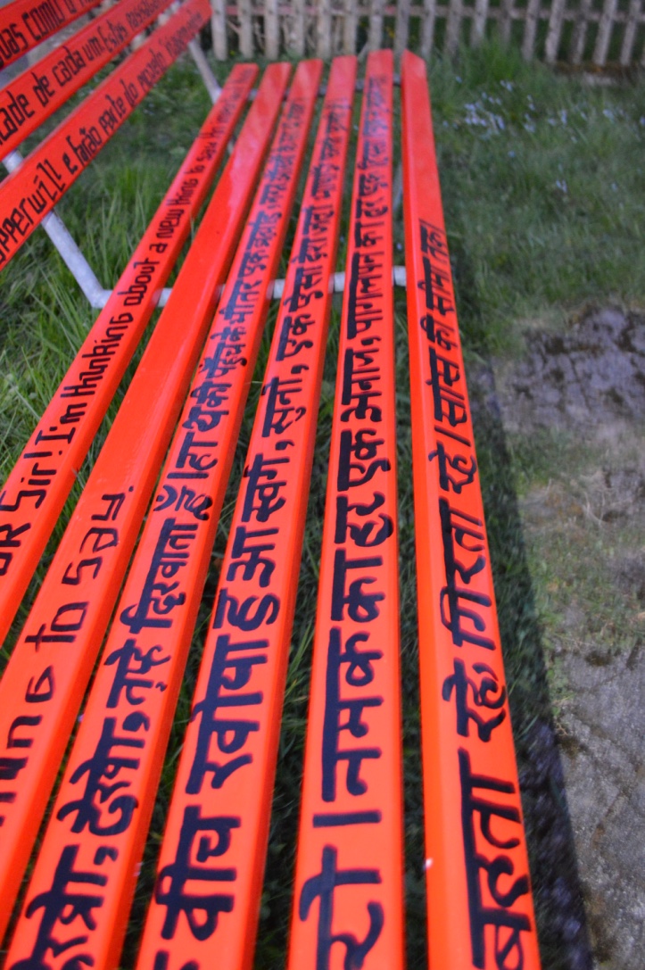 Overhead view of the bench and its lettering.