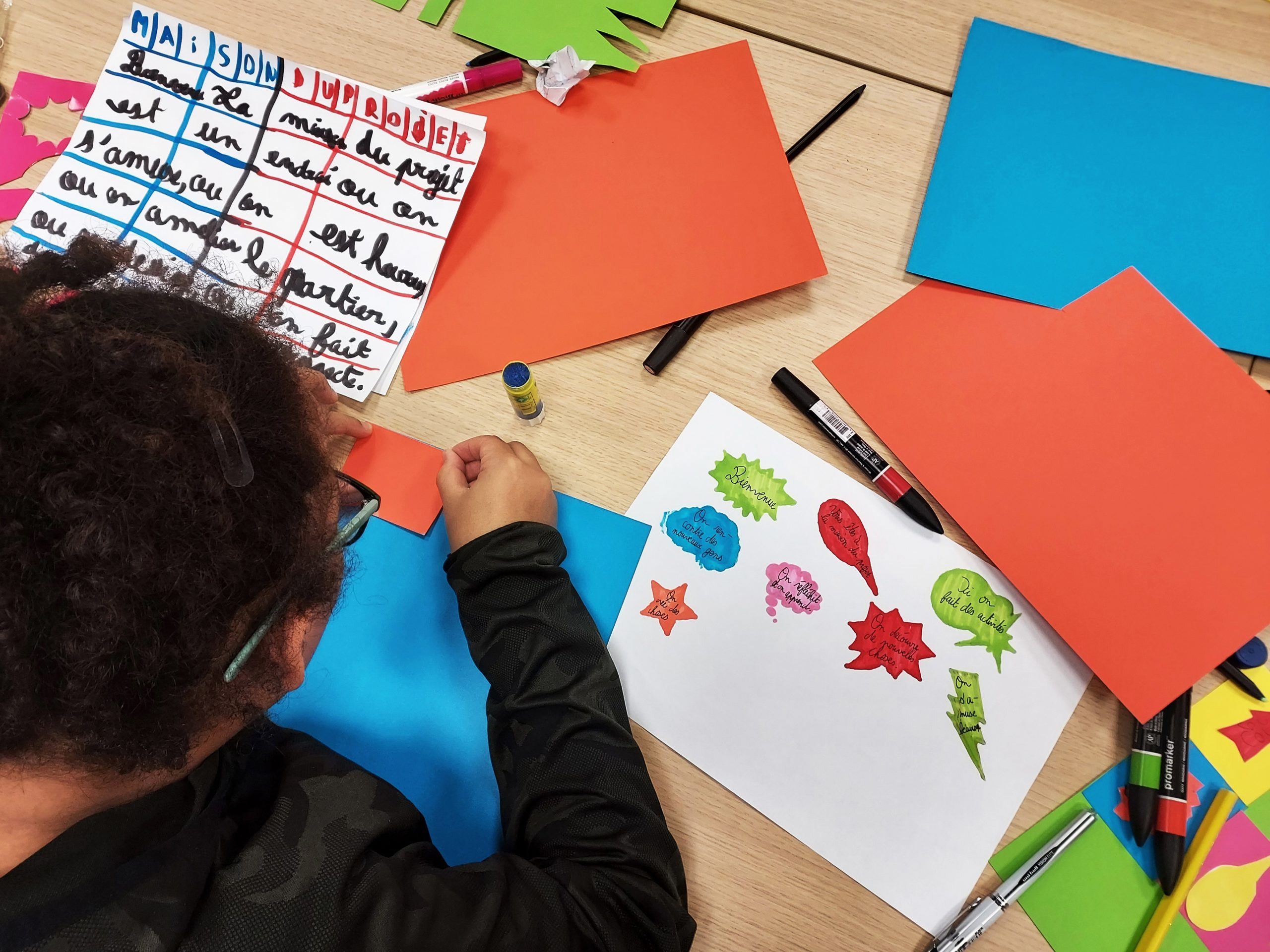 Dessins et papiers colorés sur une table.