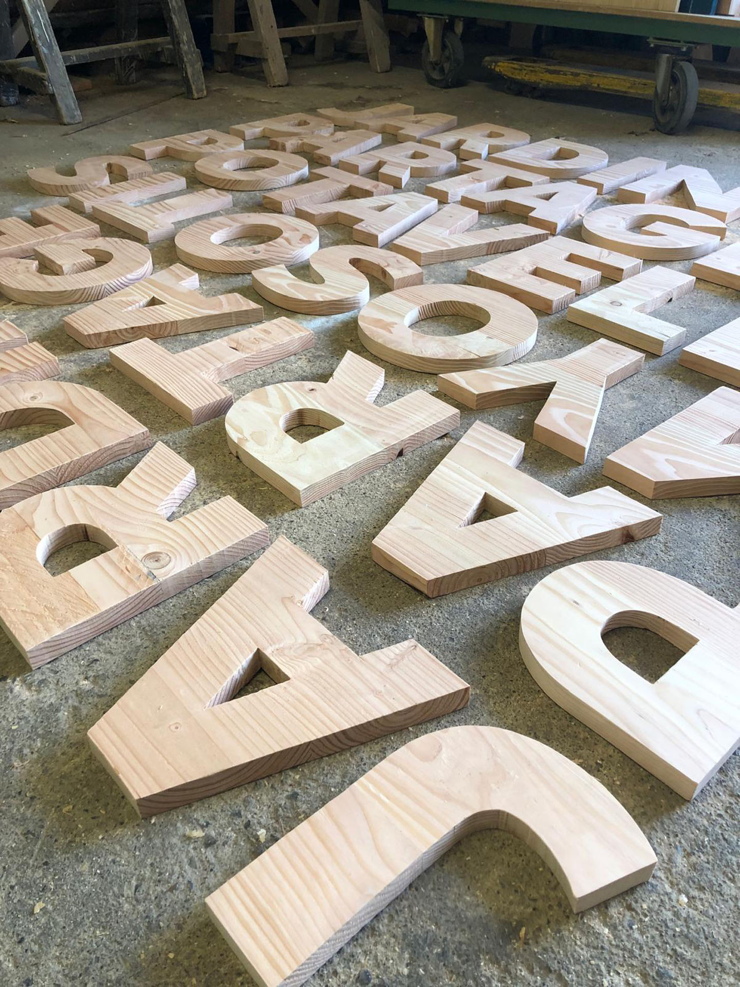 Cut-out letters on the floor.