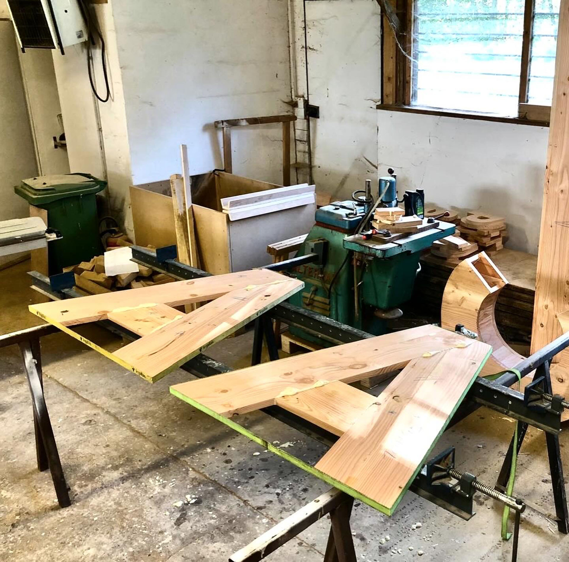 Wooden components on a workbench.