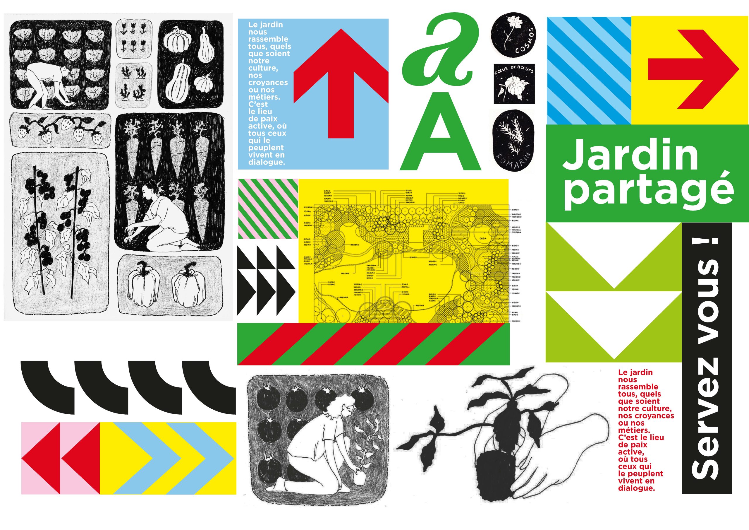 Sheet of lettering, patterns and pictograms.