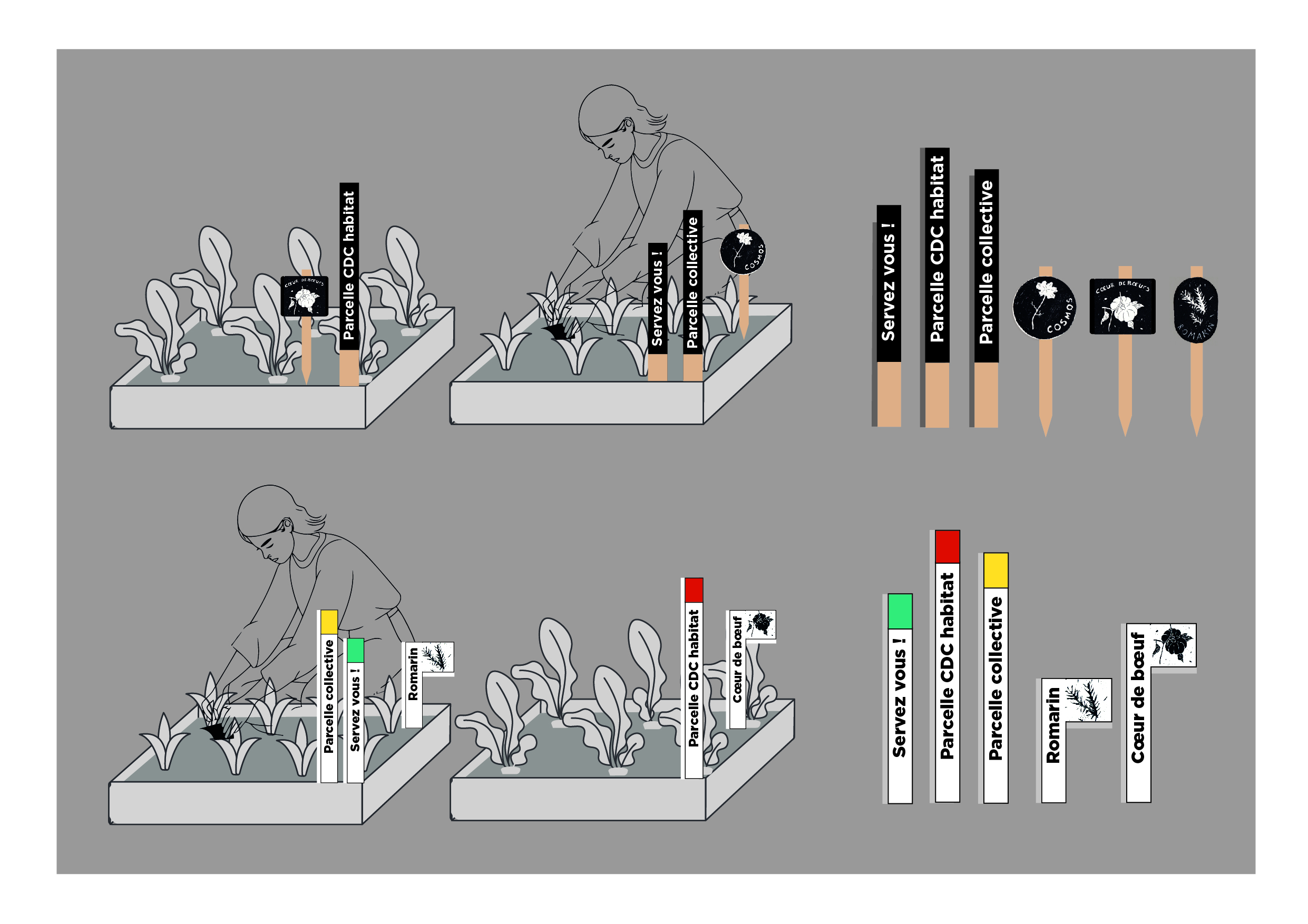 Drawings of lettering, furniture and pictograms.